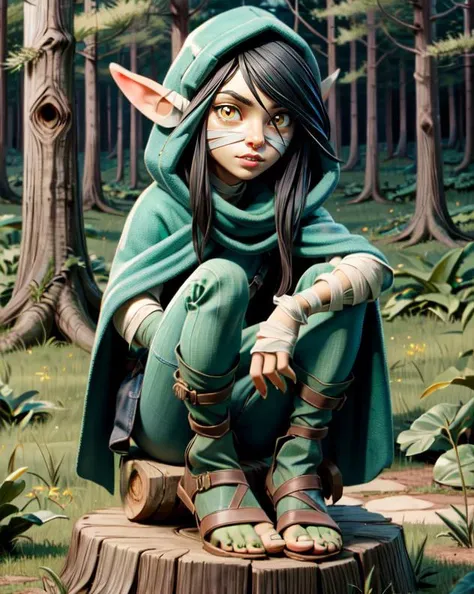 (masterpiece, top quality, best quality, ArtStation, front page, official art, beautiful and aesthetic:1.3, photorealistic:1.4, cinematic light),  <lora:more_details:0.5>,  nott, 1girl, black hair, long hair, yellow eyes, colored sclera, pointy ears, (colored skin, green skin:1.3), shortstack, hood, sharp teeth, bandages, cloak, toeless legwear, forest, sitting on tree stump, 
<lora:Nott:1>,  <lyco:shrunk_xl_v11:0.5>, tiny, shrunken,