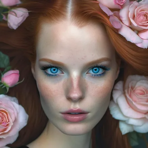 carolinewinberg_sdxl_embedding (Masterful Digital Artwork:1. 3) of (Ultra detailed:1. 3), (raw photo ((ultra-detailed)), close-up fashion portrait of a lady, angelic face, ((ultra-detailed)), ((photo)), black tank top, pink eye shadows, roses and flowers, ((ultra-detailed)), auburn hair color, blue eyes, soft focus