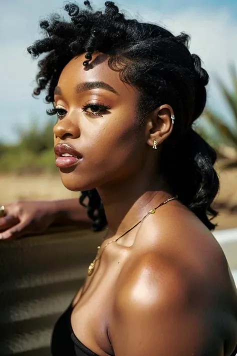 pele negra, hair with well-defined colorful beautiful braids, beautiful and detailed natural pink full lips, olhos verdes claro detalhados e bonitos, piersing no nariz e na sombracelha esquerda, cropped verde claro colado no corpo, roupa de praia, corpo bonito, symmetrical face, de boa aparencencia, numa estrada beira mar, ao por do sol, sol brilhante de fim da tarde cor-de-rosa e laranja, crisp, bright seawater that reflects the sun, seagulls flying in the indigo sky, bonita