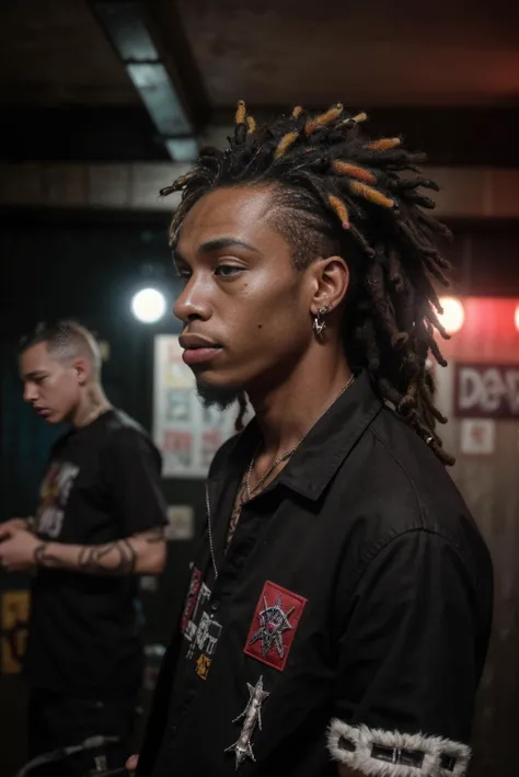 (raw, analog photo),portrait of brutal 19yo skinny african punkrocker trans_man with vibrant dreads,side profile,facial piercings,wearing deathmetal attire with patches,at divebar punk_show,loneliness,highly detailed,rim lighting,intense volumetrics,(filmstill from SLC Punk),by Corinne Day,<lora:detailed_eye-10:1>,