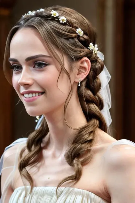 [flat chest:large breasts:0.9], detailed skin, from the front, ((eye contact)), detailed hair, (long hair:1.3), (braids:0.7) 
wearing a wedding dress, (smile:1.2), (thin:1.1) (anorexic:1.2)
30 years old, daisy ridley, <lora:add_detail:0.7> <lora:detailed_eye:0.4> (makeup:1.3)