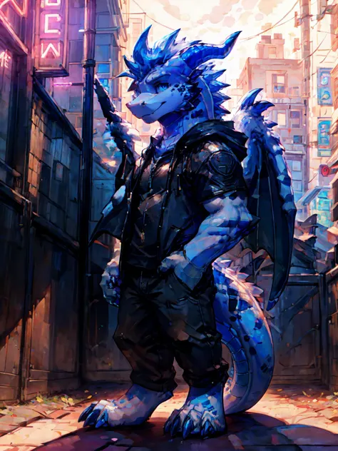 solo, male, dragon, <lora:AdzyX3Mv0.2.6:0.7> adzyx3m, muscular, standing, (full-length portrait:0.8), (looking at viewer:1.2), neon lights, side view, (close-up:1.2), looking aside, (open black hoodie, white t-shirt:1.1), black pants, blue eyes, (hand in pocket:1.2), street, blue neck, (masterpiece, hi res, digitigrade),, BREAK
(masterpiece), (detailed background:1.2), dramatic lighting, male/female focus, 
BREAK, 
by bna v5, by tattoorexy, by meraence, by pache riggs, by darkmirage, by bonifasko, 
<lora:detailed_eye_V2:0.9>, wings, membranous wings, (two wings:1.3), wings detailed