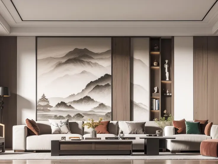 UHD,master level design,lifelike,panoramic wide-angle lens,3d rendering,floor tile,curtains,a living room,comfortable lighting,daylight,modern chinese style,no main light,vacant living room in villa,retro chinese style living room,(embroidered wallpaper:0.6),embroidered sofa,