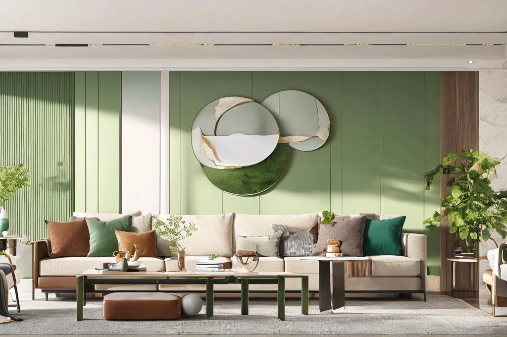 wuwenli,Modern style, living room, sofa, tea table, green plants, photography, photos, depth of field,8K, high definition details, extreme clarity