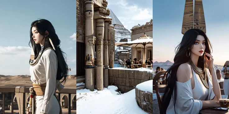 (otherworldly, otherworldly atmosphere, otherworldly appearance), highly insanely detailed, masterpiece, top quality, best quality, highres, 4k, 8k, RAW photo, ((ancient egyptian theme:1.2)),
1girl, nami_aino, long hair, breasts, ((eyeshadow:1.3, lips)), attractive body, abs, slim waist, wearing white blouse, portrait mode, perspective, cowboy shot, solo focus, perfect body, human body ratio,
BREAK
outdoor:1.4, (at a cafe:1.4), sky, clouds, clear sky, distant horizon,
from side,
(long_hair, long hair, random colors hair, glowing hair, hair over one eye, long messy hair),, (fantasy world), windy, winter, snow, very cold