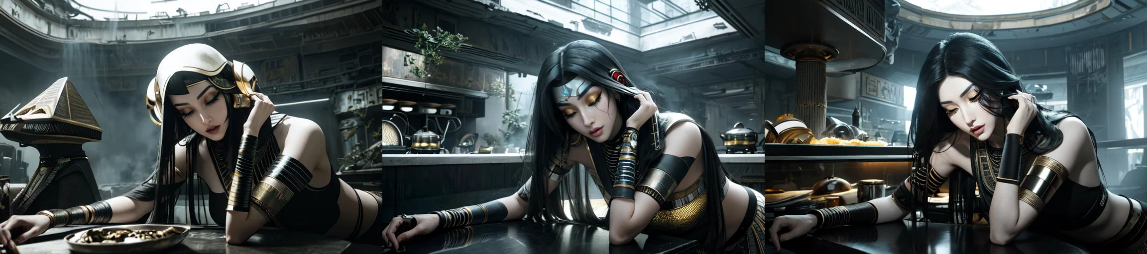 (otherworldly, otherworldly atmosphere, otherworldly appearance), highly insanely detailed, masterpiece, top quality, best quality, highres, 4k, 8k, RAW photo, ((ancient egyptian theme:1.2)), Hong Kong structure, structure, 
(mystical theme), mystical gatmosphere, arcane sanctuaries, otherwordly aura, 
(long_hair, long hair, random colors hair, glowing hair, hair over one eye, long messy hair), 
(eyelashes, eyeliner, eyeshadow, eyelashes, long eyelashes), 
collar, earrings, jewelry, necklace, armlet, 
tentacle, (underwater), nsfw, 
Homestay, Resort, Guest House, 
building, structure, still life, swirling energy, 
action pose, 
drunk, closed eyes, 
high-heels, 
reflection, reflective floor, 
shawl, 
abandoned building, shopping mall, overgrown with vegetation, [volumetric fog], cinematic lighting, colorfu, 
belly bottom, 
mercurytech, scifi, molten metal, 
(ancient egyptian theme futuristic kitchen:1.4), (fantasy world)