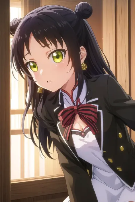 teriawang, <lora:teria wang s1-lora-nochekaiser:1>,
teria wang, long hair, black hair, (green eyes:1.3), hair bun, double bun,
BREAK dress, earrings, chinese clothes, armband, bow, school uniform, jacket, striped, white dress,
BREAK indoors, classroom,
BREAK looking at viewer, (cowboy shot:1.5),
BREAK <lyco:GoodHands-beta2:1>, (masterpiece:1.2), best quality, high resolution, unity 8k wallpaper, (illustration:0.8), (beautiful detailed eyes:1.6), extremely detailed face, perfect lighting, extremely detailed CG, (perfect hands, perfect anatomy),