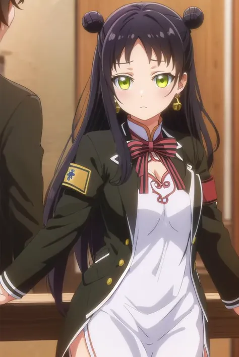 teriawang, <lora:teria wang s1-lora-nochekaiser:1>,
teria wang, long hair, black hair, (green eyes:1.3), hair bun, double bun,
BREAK dress, earrings, chinese clothes, armband, bow, school uniform, jacket, striped, white dress,
BREAK indoors, classroom,
BREAK looking at viewer, (cowboy shot:1.5),
BREAK <lyco:GoodHands-beta2:1>, (masterpiece:1.2), best quality, high resolution, unity 8k wallpaper, (illustration:0.8), (beautiful detailed eyes:1.6), extremely detailed face, perfect lighting, extremely detailed CG, (perfect hands, perfect anatomy),
