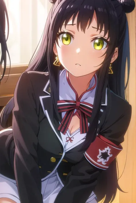 teriawang, <lora:teria wang s1-lora-nochekaiser:1>,
teria wang, long hair, black hair, (green eyes:1.3), hair bun, double bun,
BREAK dress, earrings, chinese clothes, armband, bow, school uniform, jacket, striped, white dress,
BREAK indoors, classroom,
BREAK looking at viewer, (cowboy shot:1.5),
BREAK <lyco:GoodHands-beta2:1>, (masterpiece:1.2), best quality, high resolution, unity 8k wallpaper, (illustration:0.8), (beautiful detailed eyes:1.6), extremely detailed face, perfect lighting, extremely detailed CG, (perfect hands, perfect anatomy),