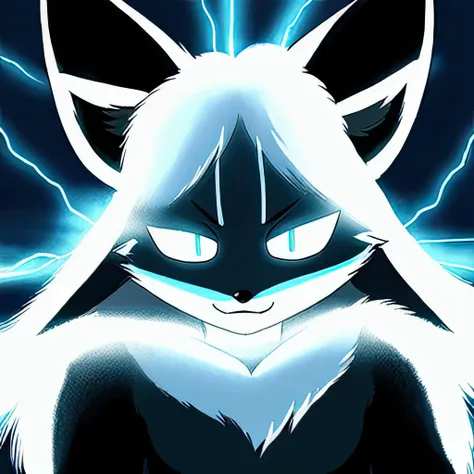 <lora:Averiv0.9:0.8>, foxgirl, girl, fox (Anthro, chest fluff, fluffy ears,realistic proportions, anthro proportions, crazy, no pupils, no iris, Aniridia, Aniridia syndrome, lifeless eyes, evil, scheeming, saitama, ultra instinct, raw power, hyper power, serious), good quality, hq, fur reflecting lights, clouds, shading, vignette, looking at viewer, complex background, blue atmosphere, low-tier god, god, vibrant colors, black clouds, lightning, lightning from the sky, glow, character glow, smug, smirk, dead eyes, eye contact, dead look into viewer, strong wind, from below pov, night, noon, spark of light, realistic, good quality, illustration, masterpiece, artwork, bright, unpleasant, fur reflecting light, sun rays, light rays