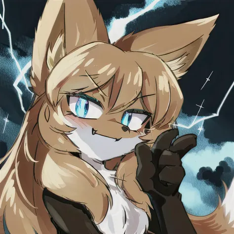 <lora:Averiv0.9:0.8>, foxgirl, 1girl, fox (Anthro, chest fluff, fluffy ears,realistic proportions, anthro proportions, furry, crazy, no pupils, no iris, Aniridia, Aniridia syndrome, lifeless eyes, evil, scheeming, saitama, ultra instinct, raw power, hyper power, serious, glowing eyes, glowing blue eyes), good quality, hq, fur reflecting lights, clouds, shading, vignette, looking at viewer, complex background, blue atmosphere, low-tier god, god, vibrant colors, black clouds, lightning, lightning from the sky, glow, character glow, smug, smirk, dead eyes, eye contact, dead look into viewer, strong wind, from below pov, night, noon, spark of light, realistic, hyperrealistic, hyperrealism, illustration, masterpiece, artwork, bright, fur reflecting light, sun rays, light rays, main focus