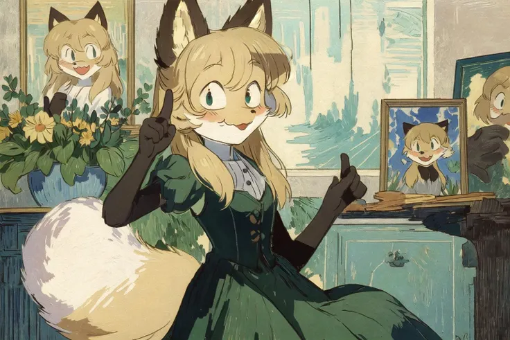 by Van Gogh, by Edgar Degas, <lora:LUCT_Lora:0.3>, <lora:Averiv0.1:0.8>, averi, fox girl, big smile