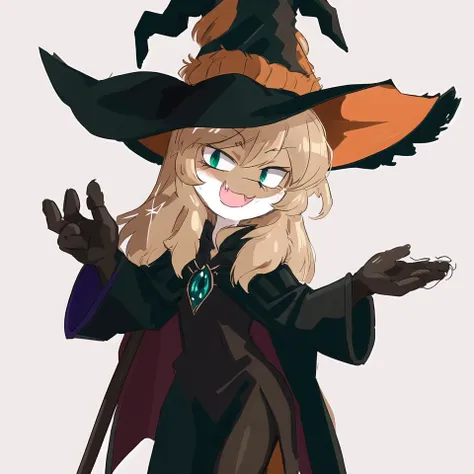 <lora:Averiv0.9:.9> witch's hat, witch, black cloak, magical staff, smug, smiling, cute, young, ((ultra detailed fur)), volumetric light, ruan jia, hioshiru, halloween, green eyes, beckoning, Masterpiece, best quality