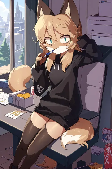 illustration, cartoon, 1girl, <lora:Averiv0.1:0.8>, averi, fox girl, sitting, hoodie, computer, hacker, (messy), chair, potato chips, crumbs, snacks, cola, energy drinks