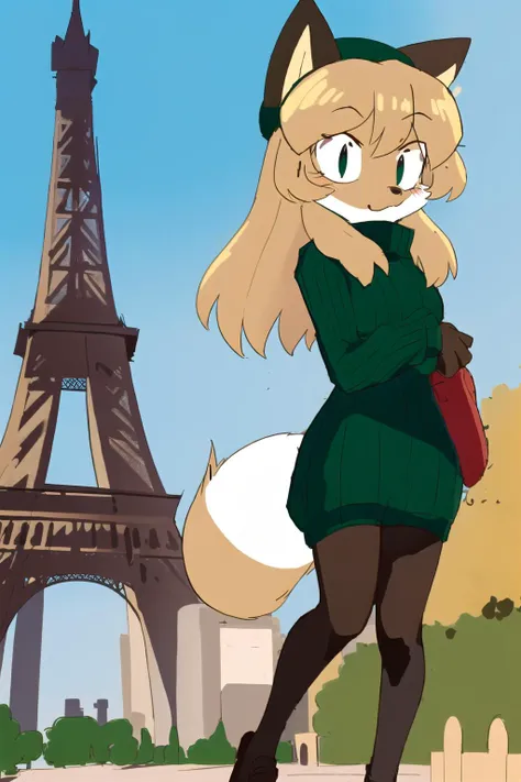 illustration, cartoon, 1girl, <lora:Averiv0.1:0.9>, averi, fox girl, (beret), green sweater, France, Eifel tower, city street