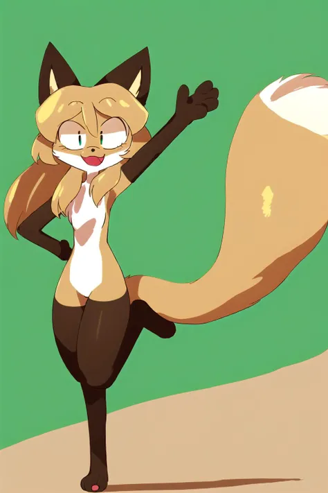 illustration, cartoon, 1girl, full body, <lora:Averiv0.1:1>, averi, fox girl, big smile, simple background