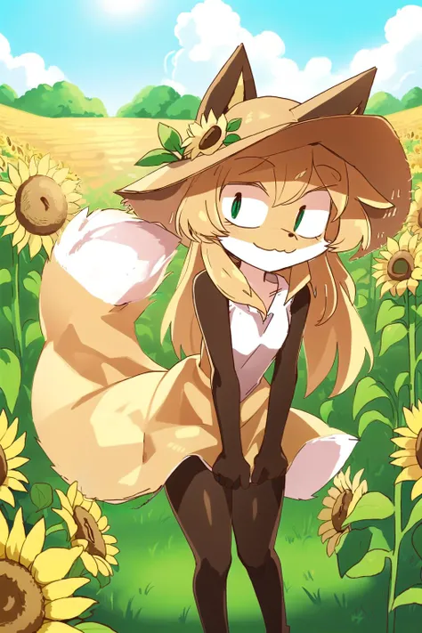 illustration, cartoon, 1girl, <lora:Averiv0.1:0.8>, averi, fox girl, sundress, sunhat, sunflower field