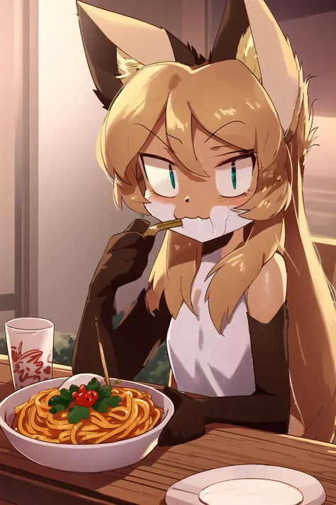 illustration, cartoon, 1girl, <lora:Averiv0.1:0.8>, averi, fox girl, sitting, eating, dinner table, spaghetti, fork, messy