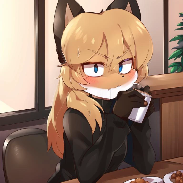 1girl, averi, black turtleneck sweater, orange fur, flat chest, white fur, drinking coffee, winter, cafe, table, serious, averi is going to say a slur <lora:Averiv0.1:0.8>