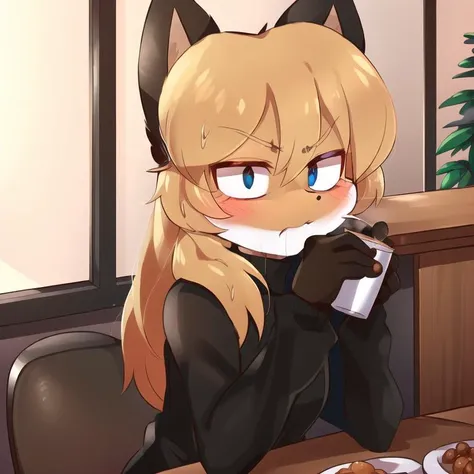 1girl, averi, black turtleneck sweater, orange fur, flat chest, white fur, drinking coffee, winter, cafe, table, serious, averi is going to say a slur <lora:Averiv0.1:0.8>