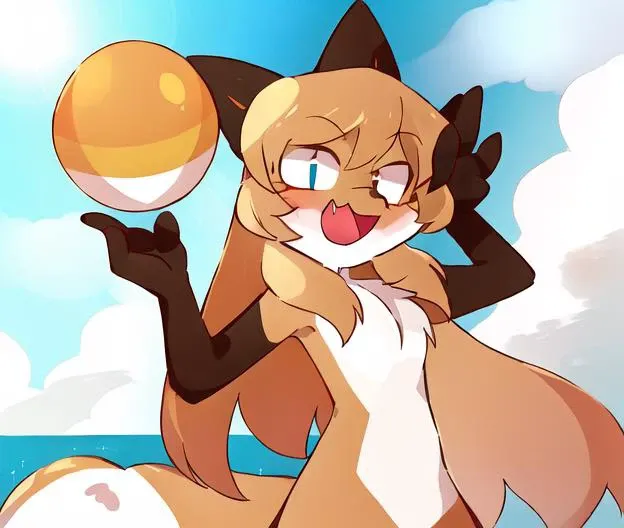 1girl, averi, orange fur, flat chest, white fur, tail, beach, sunglasses, lens flare, volleyball, masterpiece, high quality <lora:Averiv0.1:1>