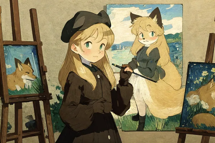 by Van Gogh, by Edgar Degas, <lora:LUCT_Lora:0.3>, <lora:Averiv0.1:0.8>, averi, fox girl, canvas, easel, paint, beret
