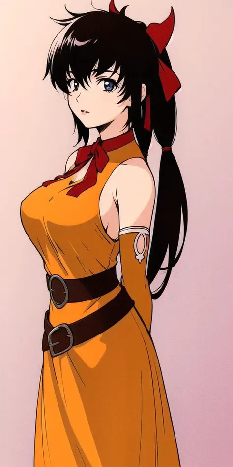 <lyco:LisaPacifistV2:.75>, LisaPacifist, large breasts, standing, solo,sundress,  arms behind back, hair bun, hair_bow, low twintails,, masterpiece, best quality, detailed face, detailed eyes, highres,