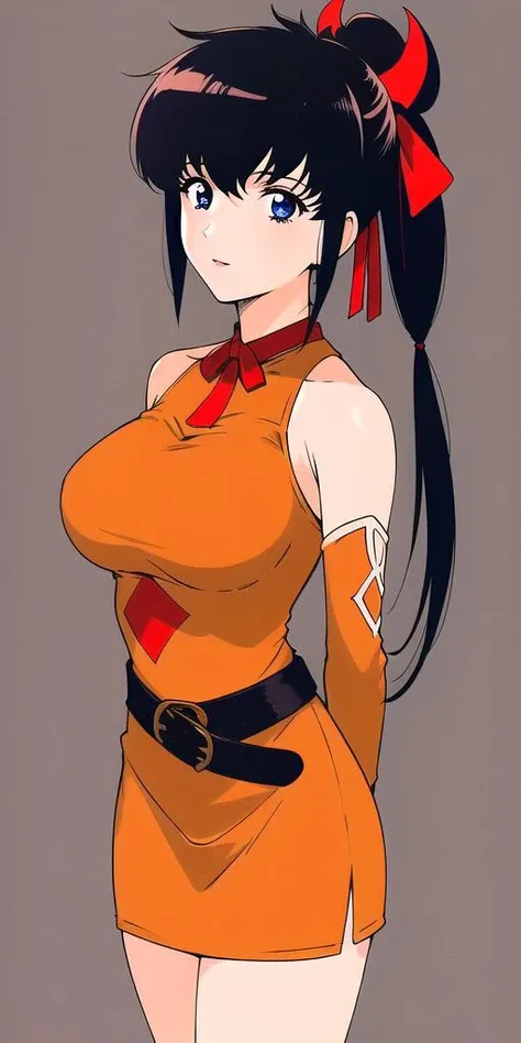<lyco:LisaPacifistV2:.75>, LisaPacifist, large breasts, standing, solo,Lisa_Orange_Short_Dress,  arms behind back, hair bun, hair_bow, low twintails,, masterpiece, best quality, detailed face, detailed eyes, highres,