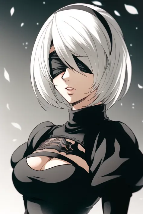 (1girl:1.15), solo, upper body,
yorha no. 2 type b, blindfold, nier (series), nier automata, hair between eyes, hairband, white hair, short hair,
<lora:2bNierAutomataLora_v2b:0.45>
<lora:konKitStyleLora_1:0.6>