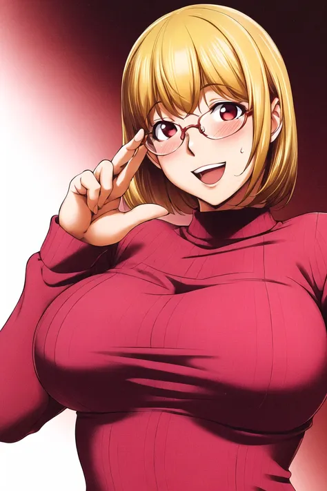 kon-kit, kaya izumi,
1girl, blush, brown hair, glasses, large breasts, navel, red eyes, short hair, smile, solo focus, blonde hair, red sweater, portrait, portrait, ;\)
<lora:konkit:0.8>