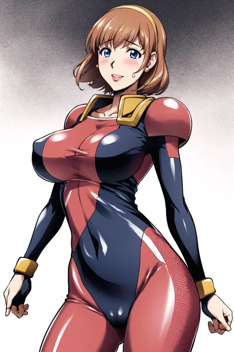 kon-kit, kaya izumi, rain mikamura, gundam, 

1girl, blue eyes, blush, bodysuit, brown hair, cameltoe, closed mouth, covered navel, covered nipples, earrings, hairband, jewelry, large breasts, lips, looking at viewer, mobile trace suit, ink bodysuit, shiny clothes, shiny skin, short hair, skin tight, solo, standing, tearing clothes, torn bodysuit, torn clothes, white background

<lora:konkit:0.7>