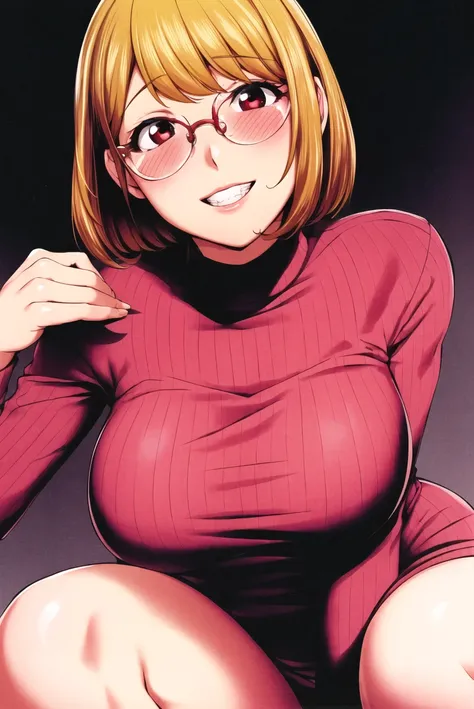kon-kit, kaya izumi,
1girl, blush, brown hair, glasses, large breasts, navel, red eyes, short hair, smile, solo focus, blonde hair, red sweater, portrait, portrait, ;\)
<lora:konkit:0.7>