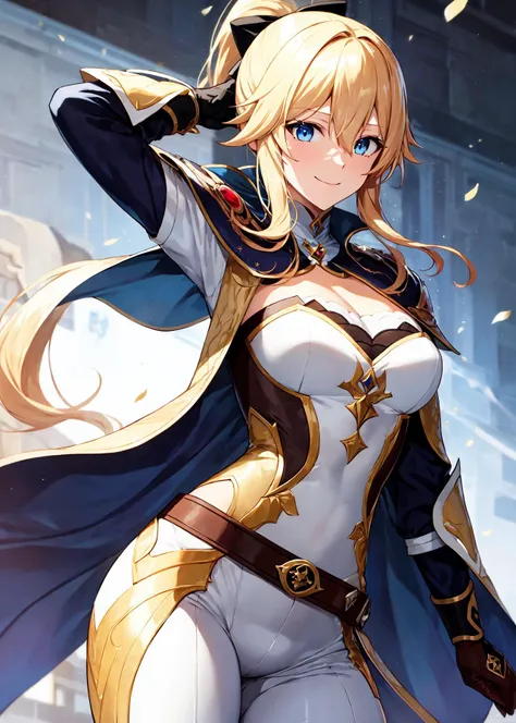 absurdres, highres, (official art, beautiful and aesthetic:1.2), ultra detail, beautiful person, bangs, blue eyes, blonde hair, long hair, smile, hair between eyes, ponytail,
gloves, bow, hair between eyes, ponytail, hair bow, sidelocks, belt, pants, capelet, detached collar, white pants, tight, blue capelet,
wind effect, jean \(genshin impact\),
arm up, hand in own hair, confused, 
<lora:jean_divineElegance:0.7>