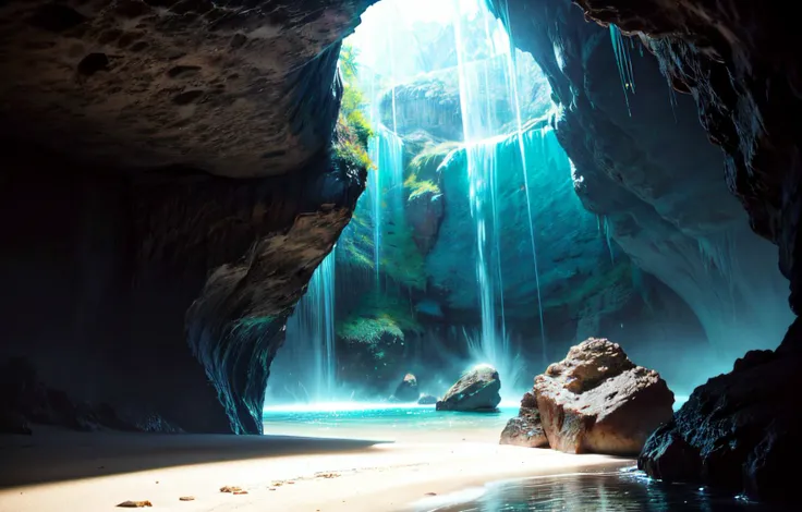 Real:2.0, Fujifilm XT, Photorealistic, (full body:1.2),high contrast, epic cinematic, soft studio lights, rim light, absurd, amazing, itricate, hyper detailed, ultra realistic, soft colors, 8K, (stalactite cave, stalactites in different neon colours), sand, cave, clearblue water, rocks, stones, mystical atmosphere <lora:å
å½±:0.8> <lora:more_details:0.8>