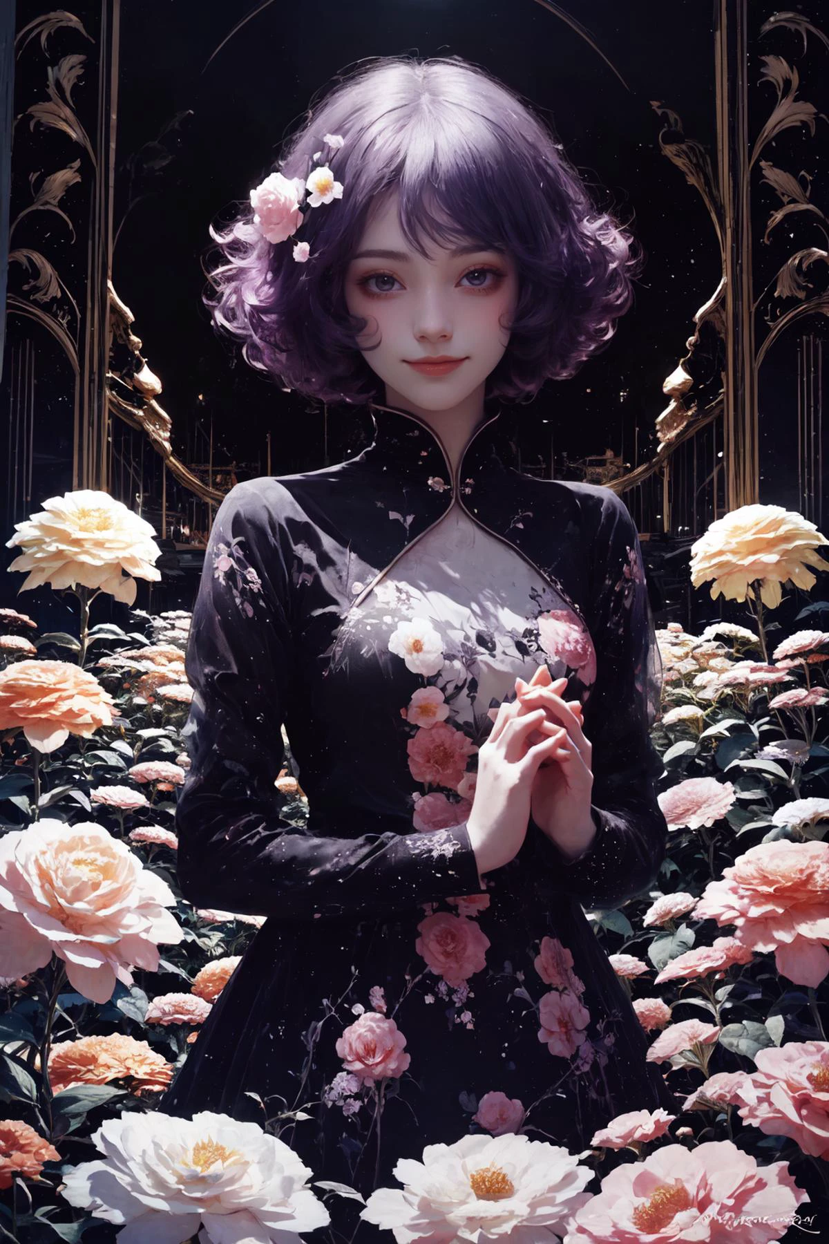 (A girl surrounded by flowers,giant flower,(flowers:1.3)),((low key,dark scene,dimly lit)),(rim lighting:1.4),(shy smile)(looking at viewer),(light from front),
<lora:oujuV2:0.3>,small breasts,<lora:BG_D:-1>,<lora:blacklight:2>,blacklight,floating hair,<lora:Better light:1>,(fingers_together:1.3),(impossible_clothes:1.3),, <lora:Dreamwave v3:0.7>,dreamwave,aesthetic