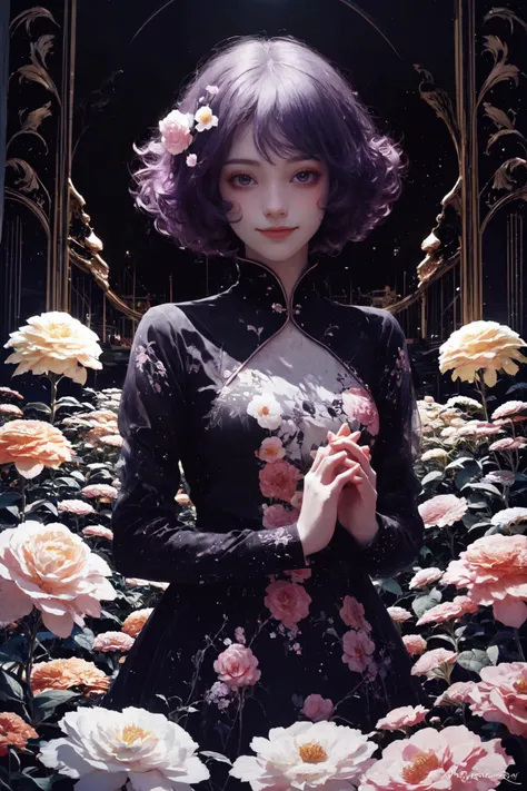 (A girl surrounded by flowers,giant flower,(flowers:1.3)),((low key,dark scene,dimly lit)),(rim lighting:1.4),(shy smile)(looking at viewer),(light from front),
<lora:oujuV2:0.3>,small breasts,<lora:BG_D:-1>,<lora:blacklight:2>,blacklight,floating hair,<lora:Better light:1>,(fingers_together:1.3),(impossible_clothes:1.3),, <lora:Dreamwave v3:0.7>,dreamwave,aesthetic