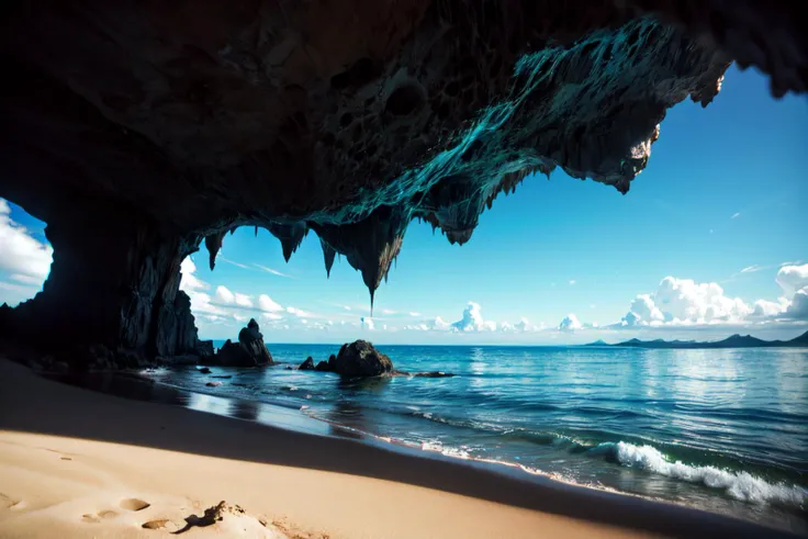 Real:2.0, Fujifilm XT, Photorealistic, (full body:1.2),high contrast, epic cinematic, soft studio lights, rim light, absurd, amazing, itricate, hyper detailed, ultra realistic, soft colors, 8K, (stalactite cave, stalactites in different neon colours), sand, cave, clearblue water, rocks, stones, mystical atmosphere <lora:å
å½±:0.8> <lora:more_details:0.8>