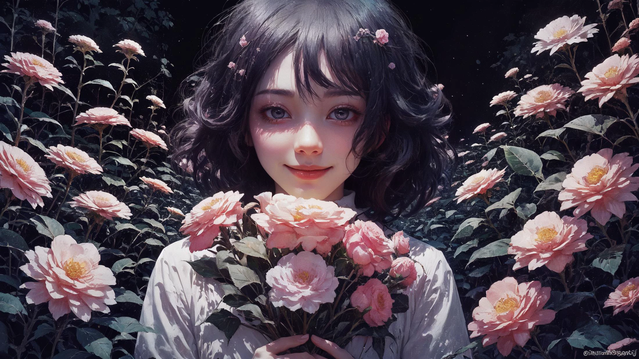 (A girl surrounded by flowers,giant flower,(flowers:1.3)),((low key,dark scene,dimly lit)),(rim lighting:1.4),(shy smile)(looking at viewer),(light from front),
<lora:oujuV2:0.3>,small breasts,<lora:BG_D:-1>,serafuku,<lora:blacklight:2>,blacklight,floating hair,<lora:Better light:1>,(pointing_at_viewer:1.3),, <lora:Dreamwave v3:0.7>,dreamwave,aesthetic