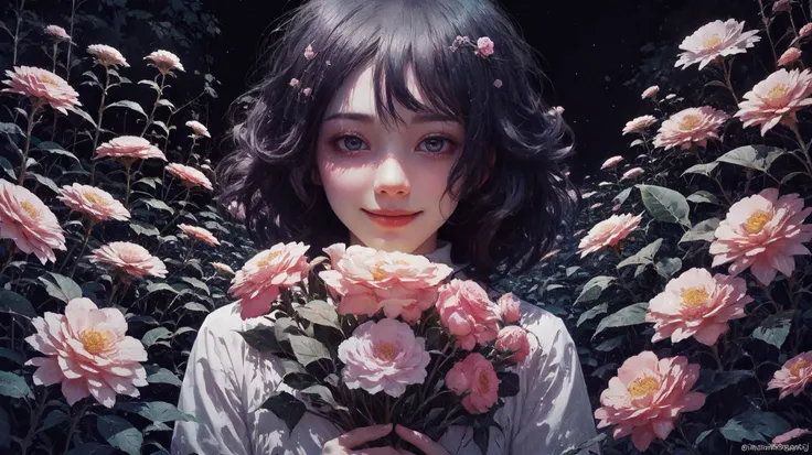 (A girl surrounded by flowers,giant flower,(flowers:1.3)),((low key,dark scene,dimly lit)),(rim lighting:1.4),(shy smile)(looking at viewer),(light from front),
<lora:oujuV2:0.3>,small breasts,<lora:BG_D:-1>,serafuku,<lora:blacklight:2>,blacklight,floating hair,<lora:Better light:1>,(pointing_at_viewer:1.3),, <lora:Dreamwave v3:0.7>,dreamwave,aesthetic