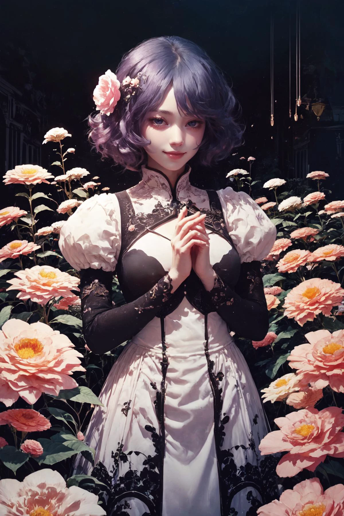 (A girl surrounded by flowers,giant flower,(flowers:1.3)),((low key,dark scene,dimly lit)),(rim lighting:1.4),(shy smile)(looking at viewer),(light from front),
<lora:oujuV2:0.3>,small breasts,<lora:BG_D:-1>,<lora:blacklight:2>,blacklight,floating hair,<lora:Better light:1>,(fingers_together:1.3),(impossible_clothes:1.3),, <lora:Dreamwave v3:0.7>,dreamwave,aesthetic