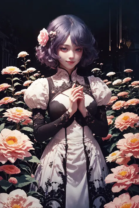 (A girl surrounded by flowers,giant flower,(flowers:1.3)),((low key,dark scene,dimly lit)),(rim lighting:1.4),(shy smile)(looking at viewer),(light from front),
<lora:oujuV2:0.3>,small breasts,<lora:BG_D:-1>,<lora:blacklight:2>,blacklight,floating hair,<lora:Better light:1>,(fingers_together:1.3),(impossible_clothes:1.3),, <lora:Dreamwave v3:0.7>,dreamwave,aesthetic
