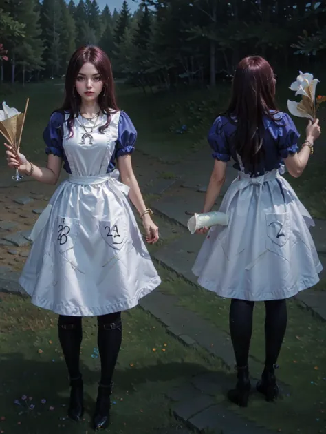 <lora:GoodHands-beta2:0.8>
 <lora:americanmcgee_alice-12:0.8> mcgeealice, dress, apron, striped pantyhose, jewelry, necklace <lora:LeagueoflegendsSkins_concept-20:0.8> LolPreview, multiple views, masterpiece, 4k, high quality, highres, absurdres,