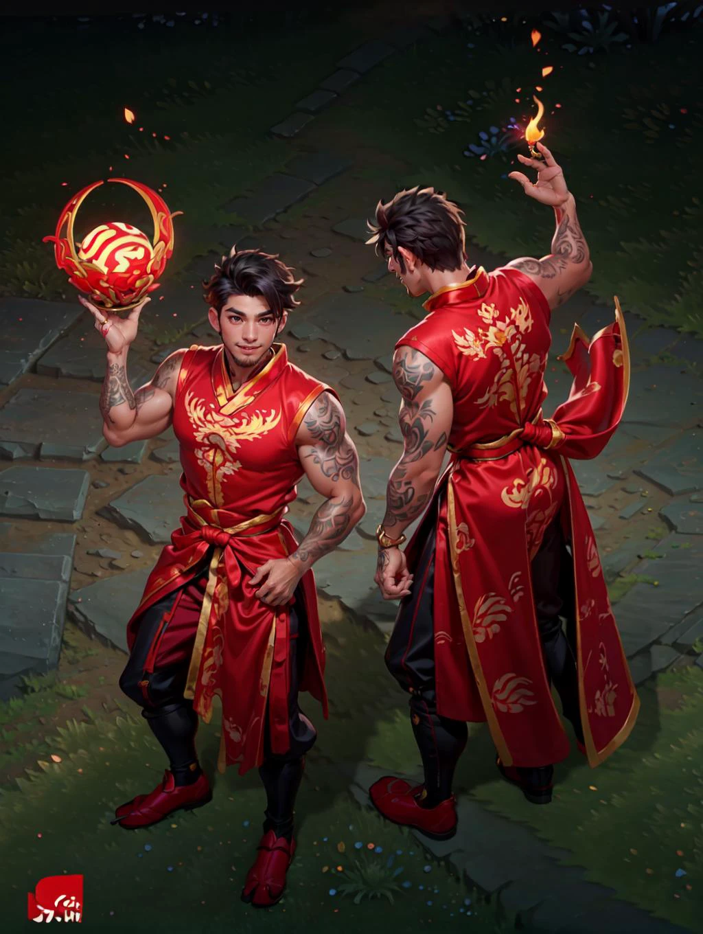 looking at viewer, Amidst the Chinese New Year festivities of the Dragon, a (handsome young man:1.1)( dons traditional attire:1.5). His clothing reveals chiseled muscles and tattoos, with a red shirt featuring golden dragon embroidery and snug, red trousers adorned with fireworks motifs. Completing the look are golden shoes.
he stands against a backdrop of gleaming red and gold lanterns on a stage filled with music and firecrackers. The man's tattoos, depicting dragons and Chinese symbols, underscore his cultural connection. With a radiant smile, he extends blessings for the year ahead, encapsulating the spirit of joy and community celebration. His masculine, youthful, and tender features exude warmth and charm, adding to the festive atmosphere of the occasion,
<lora:GoodHands-beta2:0.8>, dynamic pose,
<lora:LeagueoflegendsSkins_concept-20:0.8> LolPreview, multiple views, masterpiece, 4k, high quality, highres, absurdres,