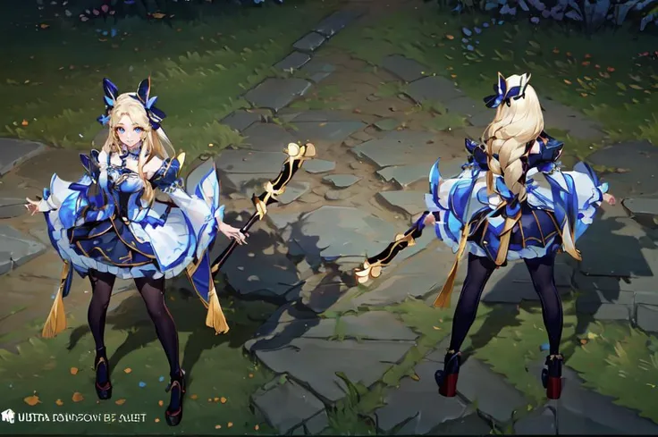 ultra detailed, masterpiece, best quality,
soft smile, light smile,
1girl, blue eyes, very long hair, blonde hair, long blonde hair, french braid, bangs, medium breasts,
hair ribbon, frilled choker, criss-cross halter, sleeveless dress, high-waist skirt, backless dress, waist bow, detached sleeves, frilled sleeves, wide sleeves, pantyhose, patterned legwear, mary janes, <lora:LeagueoflegendsSkins_concept:0.75> multiple views, (LolPreview:1.5), (dynamic pose:1.2), (from above:1), (full body:1.2), (zooming out:1.2), (masterpiece:1.2), (best quality, highest quality), (ultra-detailed), (8k, 4k, intricate),