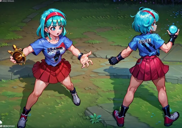 (1girl, multiple views:1.2), (LolPreview:1.5), 1girl, blue hair,
,(dynamic pose:1.2), (from above:1), (full body:1), (zooming out:1.2),
(masterpiece:1.2), (best quality, highest quality), (ultra detailed), (8k, 4k, intricate),
<lora:LeagueoflegendsSkins_concept:0.6> <lora:bulma_9:0.7> dragon ball, blmmid, aqua hair, medium hair, blunt bangs, red hairband, medium breasts, shirt, skirt