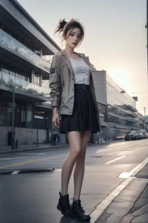 masterpiece, best quality, photorealistic, 8K, RAW photo, ultra highres, extremely detailed eyes and face, extremely detailed, absurdres, Professional,1girl,small breasts,jacket on shoulders,skirt,looking at viewer, slender,skinny,outdoors, full body, standing, <lora:chenny:0.9>, <lora:more_details:0.2>