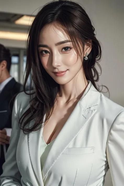 masterpiece,best quality,photorealistic,8K,RAW photo,ultra highres,extremely detailed eyes and face,extremely detailed,absurdres,Professional,1girl,slender,skinny,((white formal suit)),looking at viewer,smile,chenny,<lora:chenny_v10:0.8>,upper body,office lady,