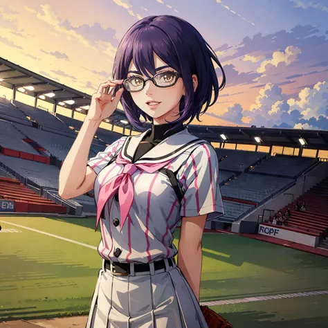 masterpiece,highres,high quality,extremely detailed,solo,baseball ground,outdoors,
<lora:0849Hsakagami:1>,looking at viewer,
sakagami,side locks,
(opaque_glasses:1.2),white baseball_uniform,sailor_collar,pink vertical-striped,pleated skirt,