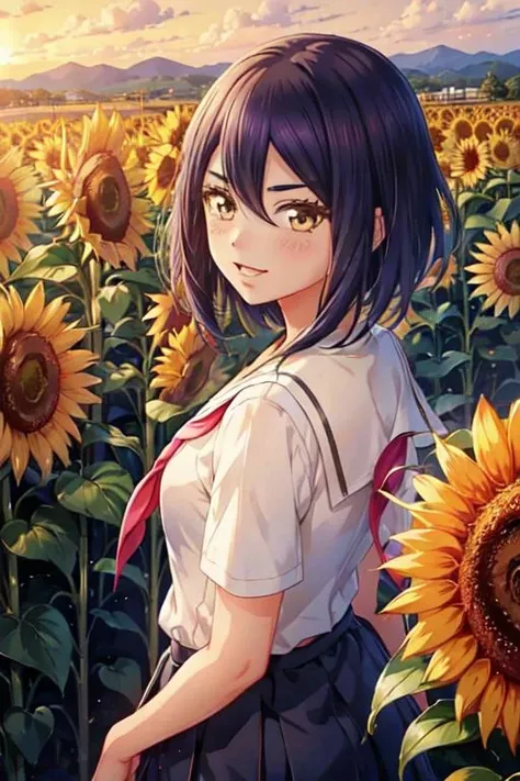 <lora:0849Hsakagami:1>,sakagami,school_uniform,sailor,serafuku,sunflower,