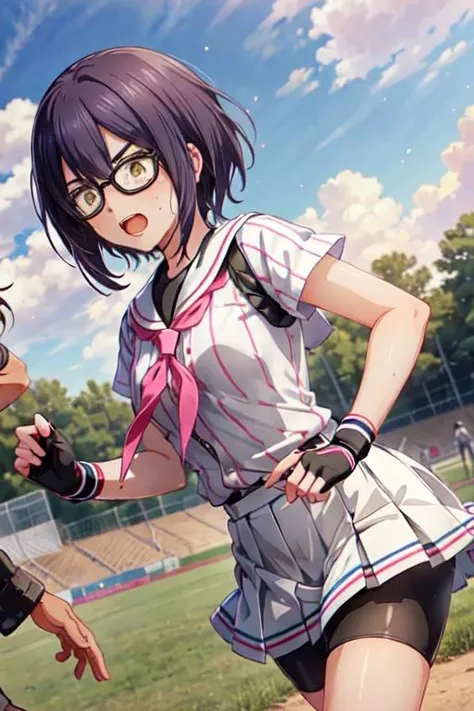 <lora:0849Hsakagami:1>,sakagami,white baseball_uniform,pink vertical-striped,pleated skirt,sailor_collar,dirty,eyewear,exhausted,endured_face,bike shorts under skirt,fingerless gloves,running,